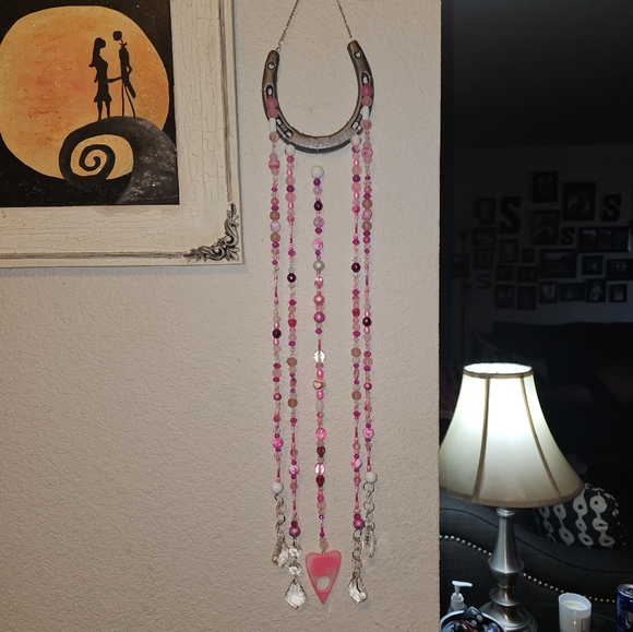 Ouija Planchette Horseshoe crystal and gkass beaded suncatcher. Pinks! - Picture 2 of 16